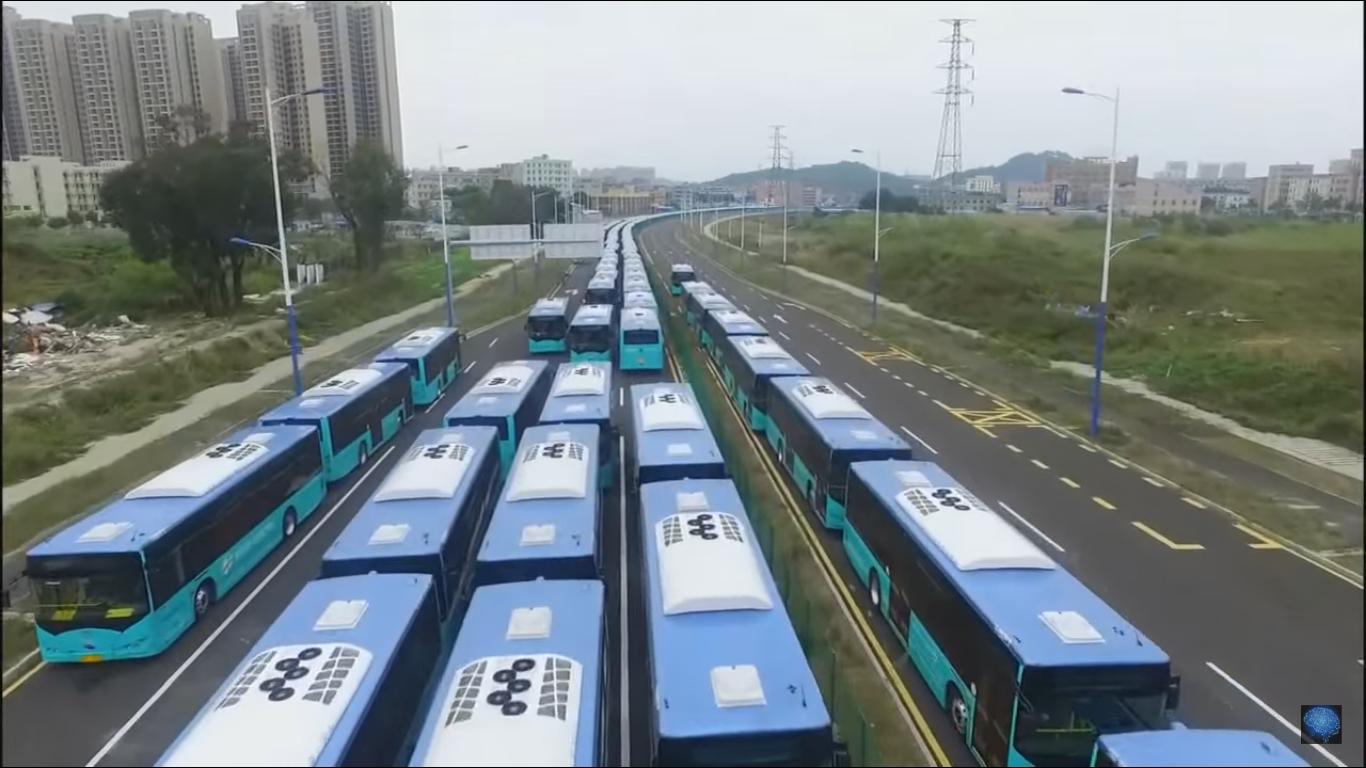 Hundreds of Electric Buses on the Road During a Delivery in China