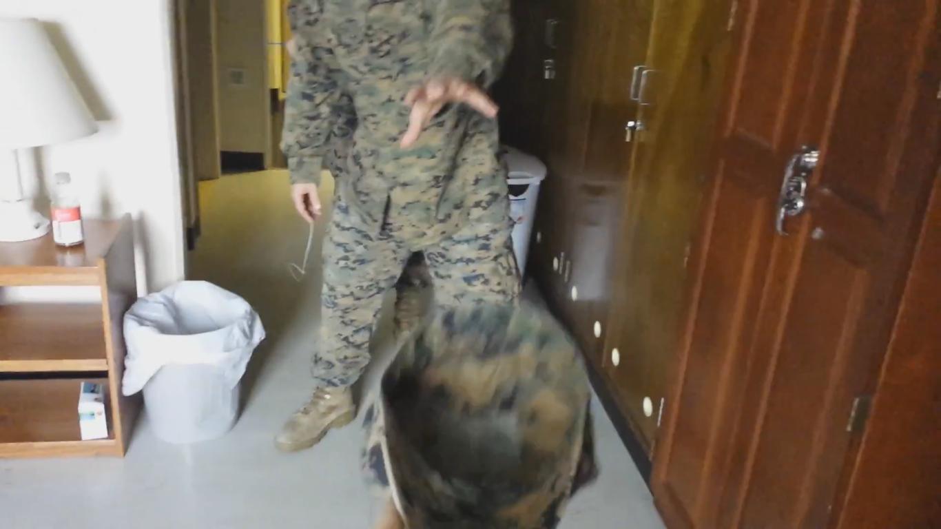 Marine Has a Hard Time Walking on Slippery Floor