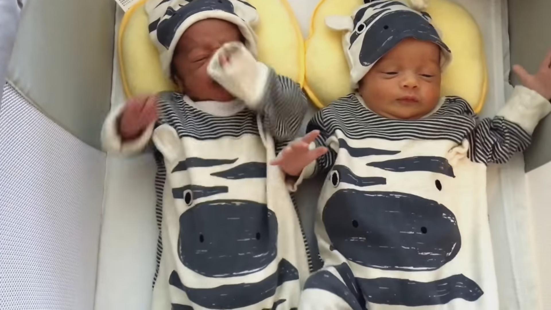 Twin Babies Dancing Together in Matching Zebra Outfits